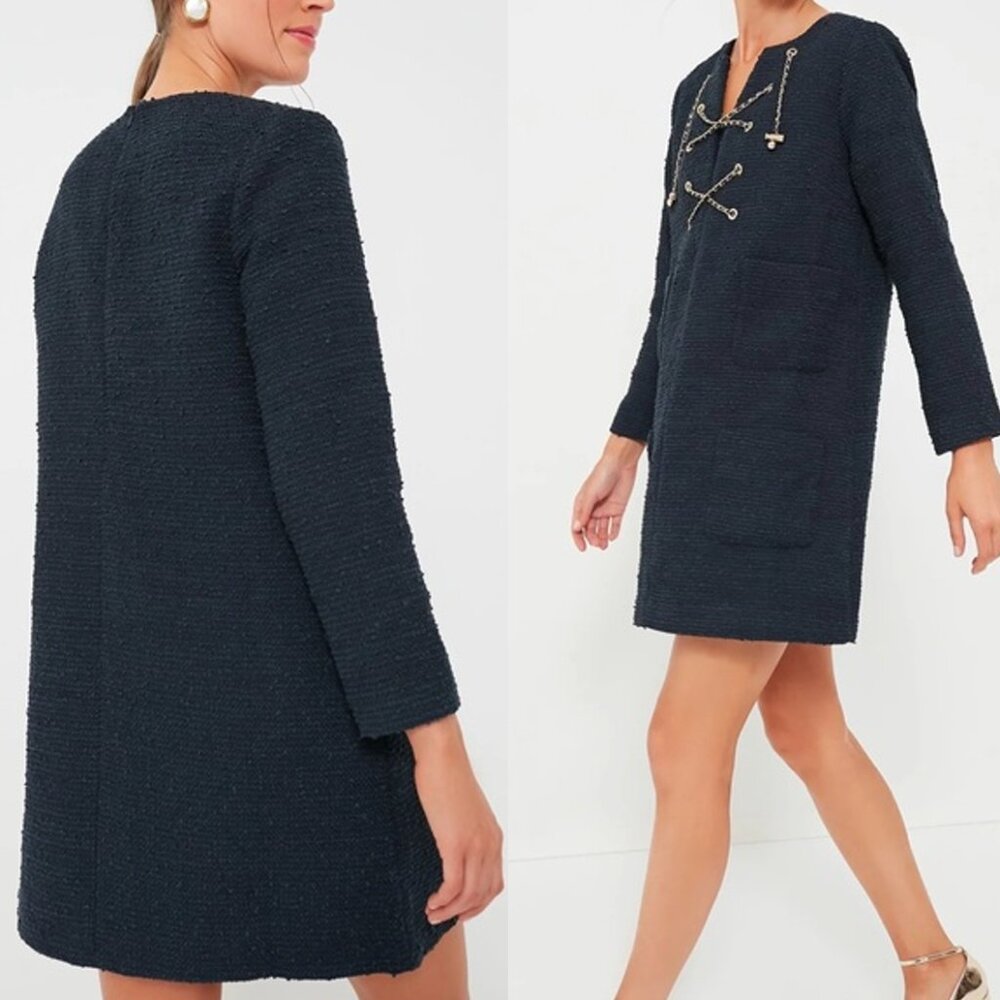 Tuckernuck | NEW Navy Tie Tweed Kelly Notched Neckline Mini Dress Size XS - Picture 2 of 11